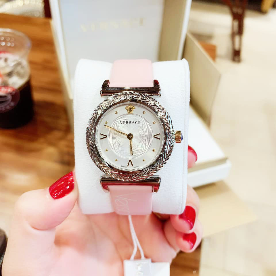  Shop Authentic Versace V-Motif Silver Dial Pink Leather Strap Watch for Women - VERE00118 - Luxxuri