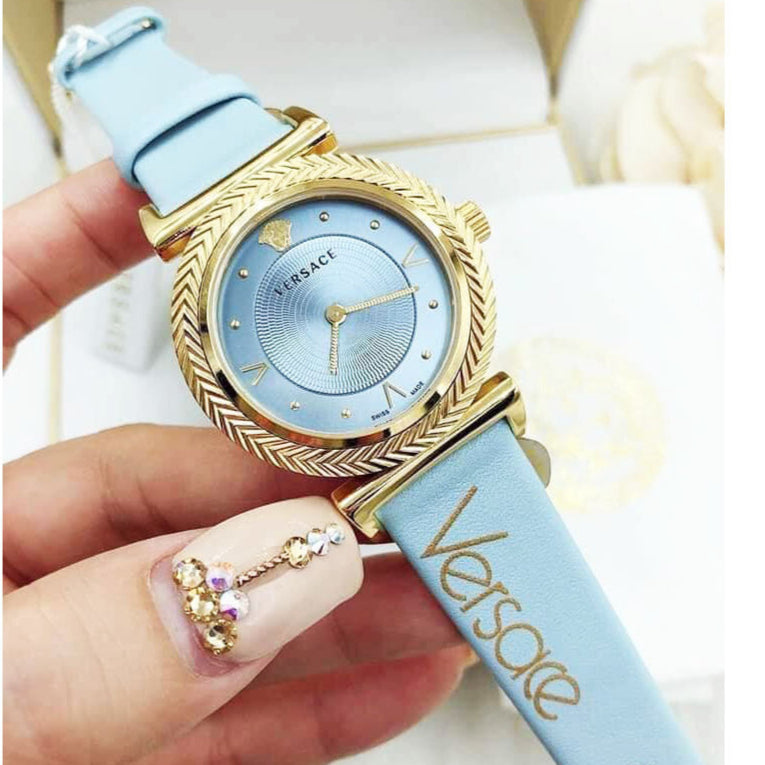  Shop Authentic Versace V-Motif Grey Dial Blue Leather Strap Watch for Women - VERE00318 - Luxxuri