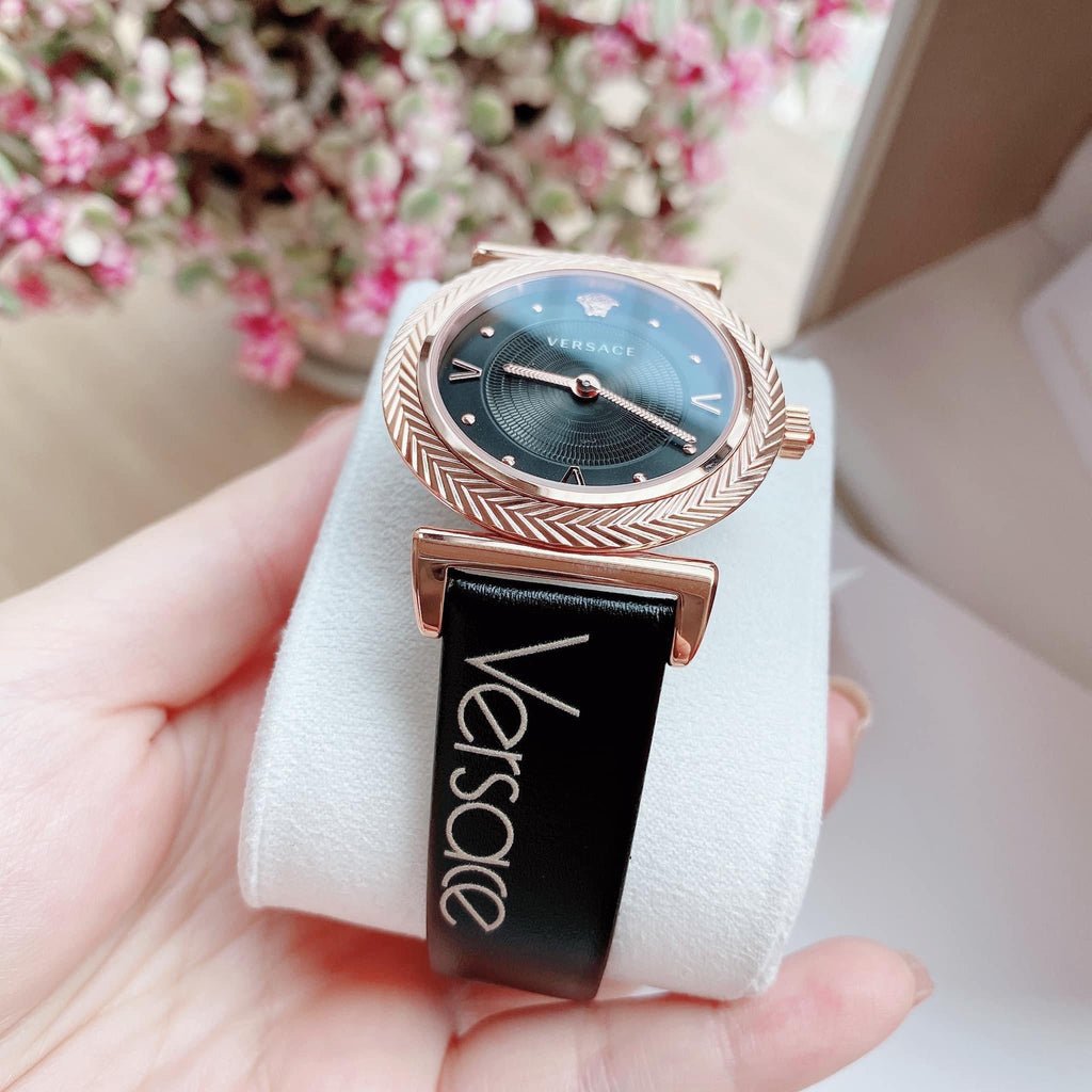  Shop Authentic Versace V-Motif Vintage Logo Black Dial Black Leather Strap Watch for Women - VERE00818 - Luxxuri