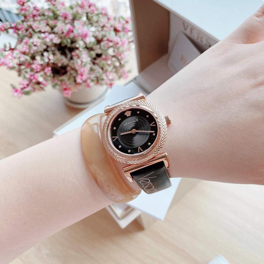  Shop Authentic Versace V-Motif Vintage Logo Black Dial Black Leather Strap Watch for Women - VERE00818 - Luxxuri