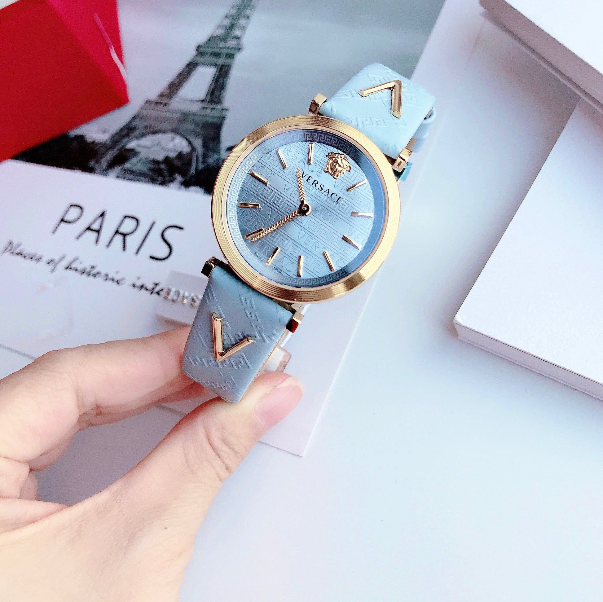  Shop Authentic Versace V-Twist Blue Dial Blue Leather Strap Watch for Women - VELS00319 - Luxxuri