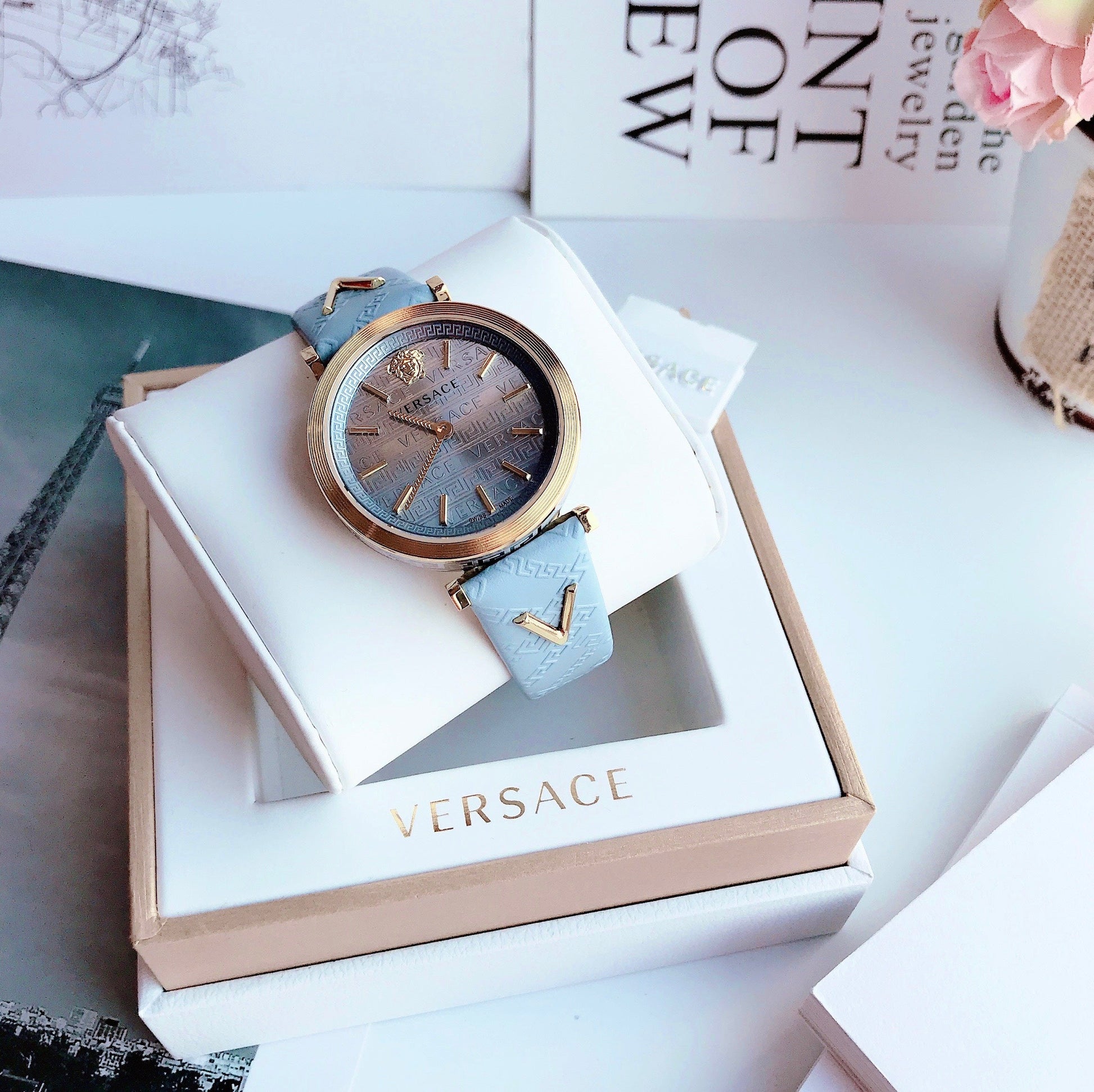  Shop Authentic Versace V-Twist Blue Dial Blue Leather Strap Watch for Women - VELS00319 - Luxxuri