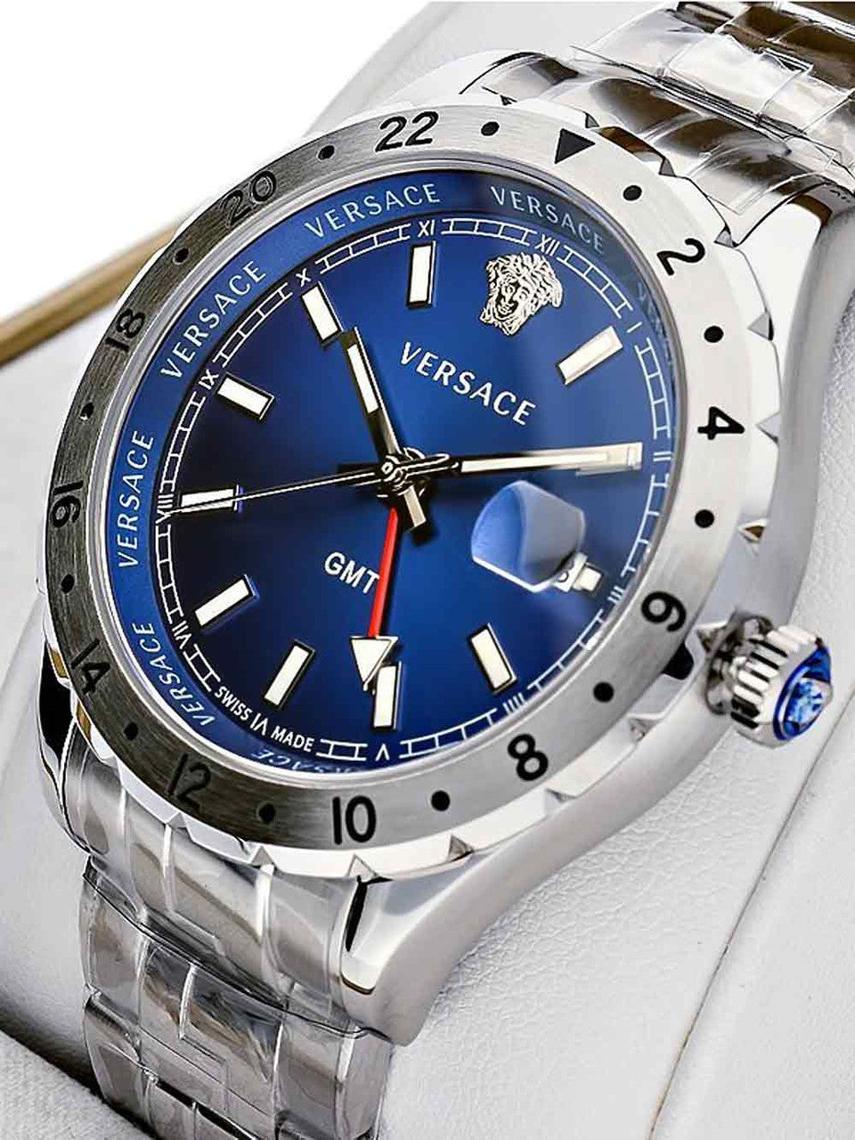  Shop Authentic Versace Hellenyium GMT Blue Dial Silver Steel Strap Watch for Men - V11010015 - Luxxuri