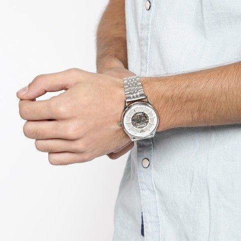  Shop Authentic Emporio Armani Meccanico Skeleton Silver Dial Silver Steel Strap Watch For Men - AR1945 - Luxxuri
