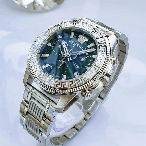  Shop Authentic Versace Greca Action Chronograph Quartz Green Dial Silver Steel Strap Watch for Men - VE3J00422 - Luxxuri