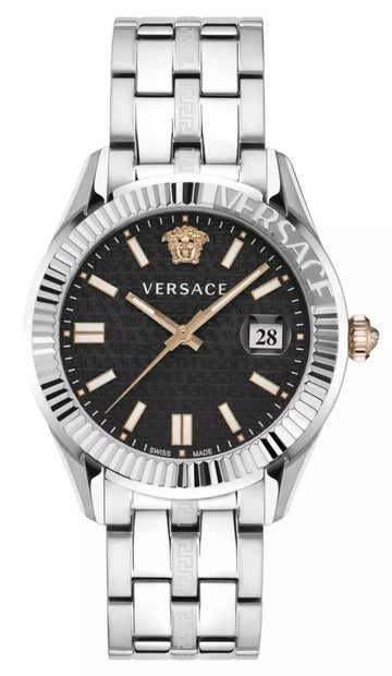  Shop Authentic Versace Greca Time Quartz Black Dial Silver Steel Strap Watch For Men - VE3K00322 - Luxxuri