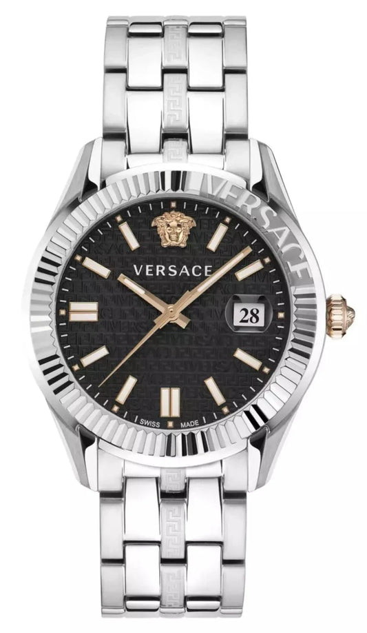  Shop Authentic Versace Greca Time Quartz Black Dial Silver Steel Strap Watch For Men - VE3K00322 - Luxxuri