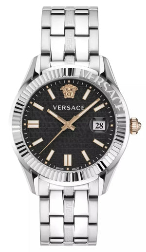  Shop Authentic Versace Greca Time Quartz Black Dial Silver Steel Strap Watch For Men - VE3K00322 - Luxxuri