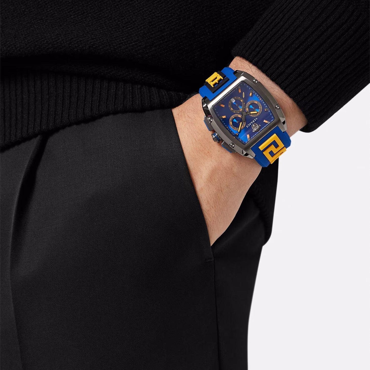  Shop Authentic Versace Iconic Dominus Chronograph Blue Dial Blue Rubber Strap Watch For Men - VE6H00323 - Luxxuri