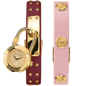 Shop Authentic Versace Medusa Lock Icon Gold Dial Red Leather Strap Watch for Women - VEDW00319 - Luxxuri