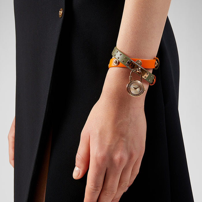  Shop Authentic Versace Medusa Lock Icon Quartz Gold Dial Pink & Blue Leather Strap Watch For Women - VEDW00219 - Luxxuri