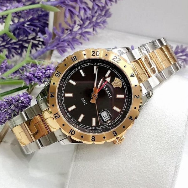  Shop Authentic Versace Hellenyium GMT Black Dial Two Tone Steel Strap Watch for Men - V11040015 - Luxxuri