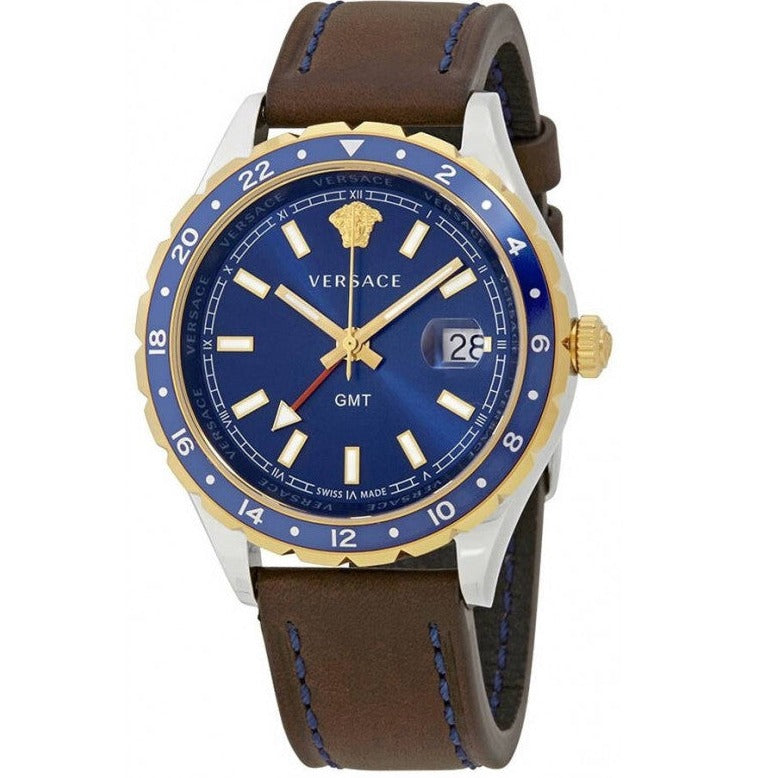  Shop Authentic Versace Hellenyium GMT Blue Dial Brown Leather Strap Watch for Men - V11080017 - Luxxuri