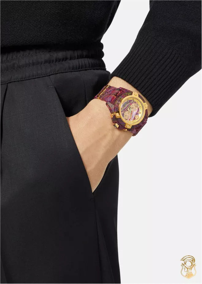  Shop Authentic Versace Icon Active Chronograph Quartz Gold Dial Red Leather Strap Watch For Men - VEZ701222 - Luxxuri