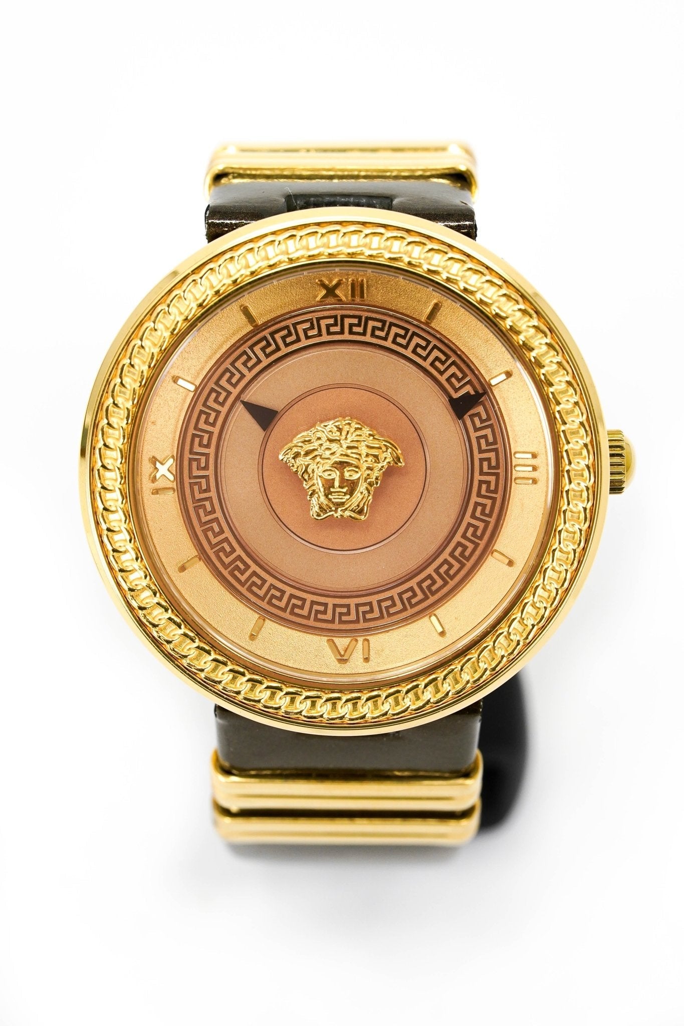  Shop Authentic Versace V Metal Icon Gold Dial Brown Strap Watch for Women - VLC130016 - Luxxuri