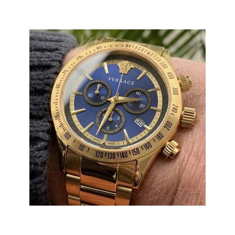  Shop Authentic Versace Classic Chronograph Quartz Blue Dial Gold Steel Strap Watch For Men - VEV700619 - Luxxuri