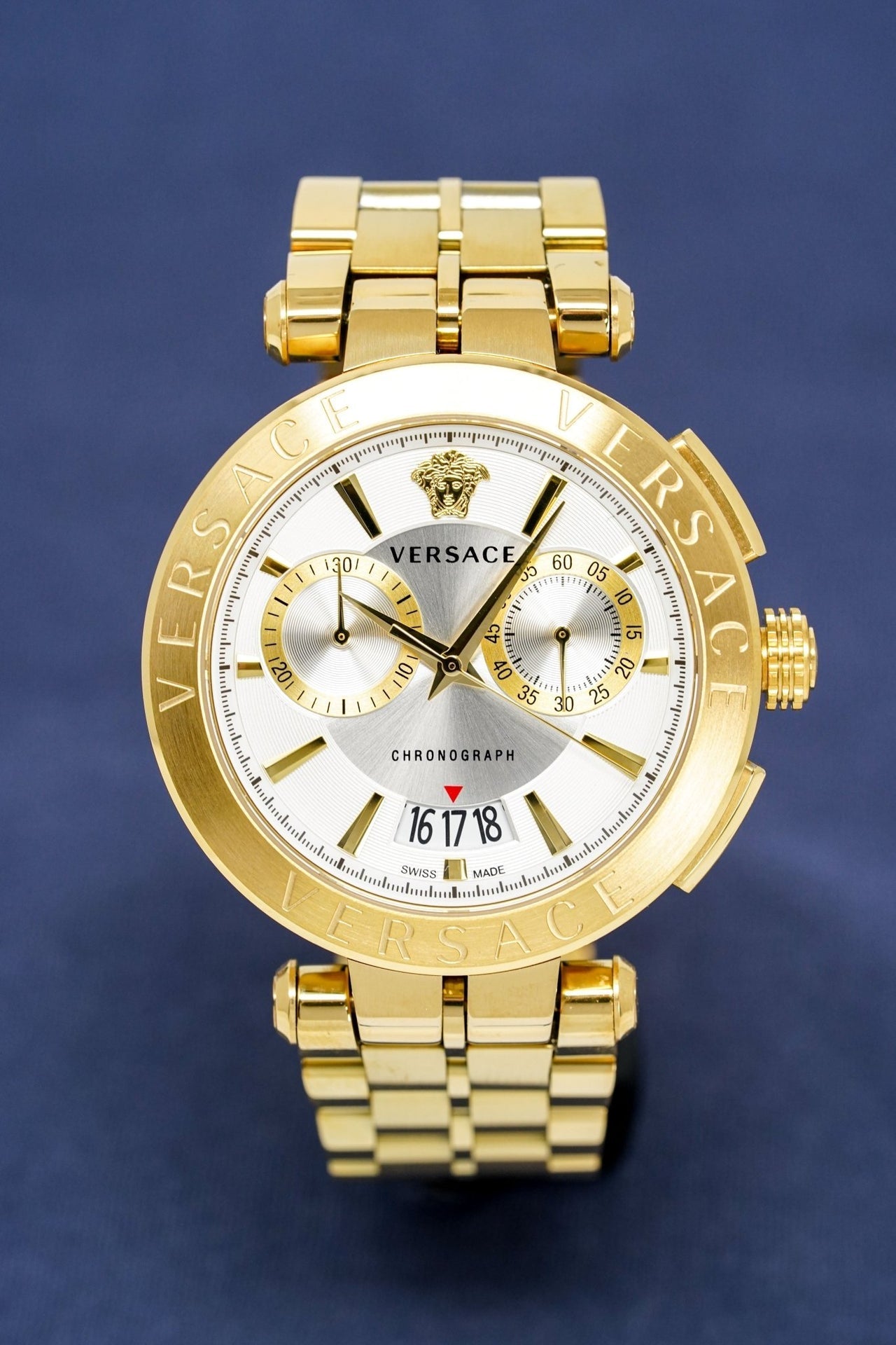  Shop Authentic Versace V Racer Chronograph White Dial Gold Steel Strap Watch for Men - VBR060017 - Luxxuri