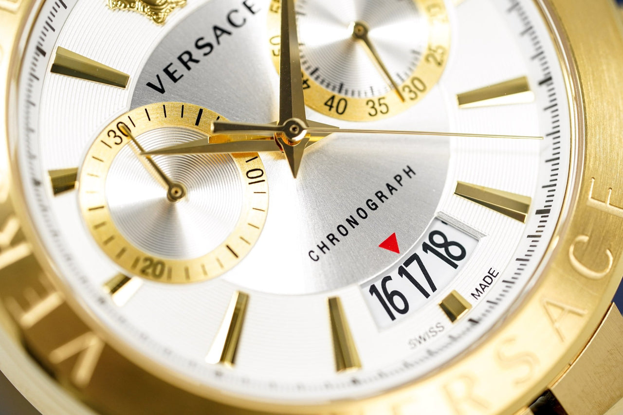  Shop Authentic Versace V Racer Chronograph White Dial Gold Steel Strap Watch for Men - VBR060017 - Luxxuri