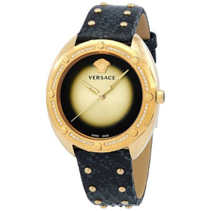  Shop Authentic Versace Shadov Quartz Gold Dial Black Leather Strap Watch for Women - VEBM01118 - Luxxuri