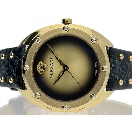  Shop Authentic Versace Shadov Gold Dial Green Leather Strap Watch For Women - VEBM01018 - Luxxuri