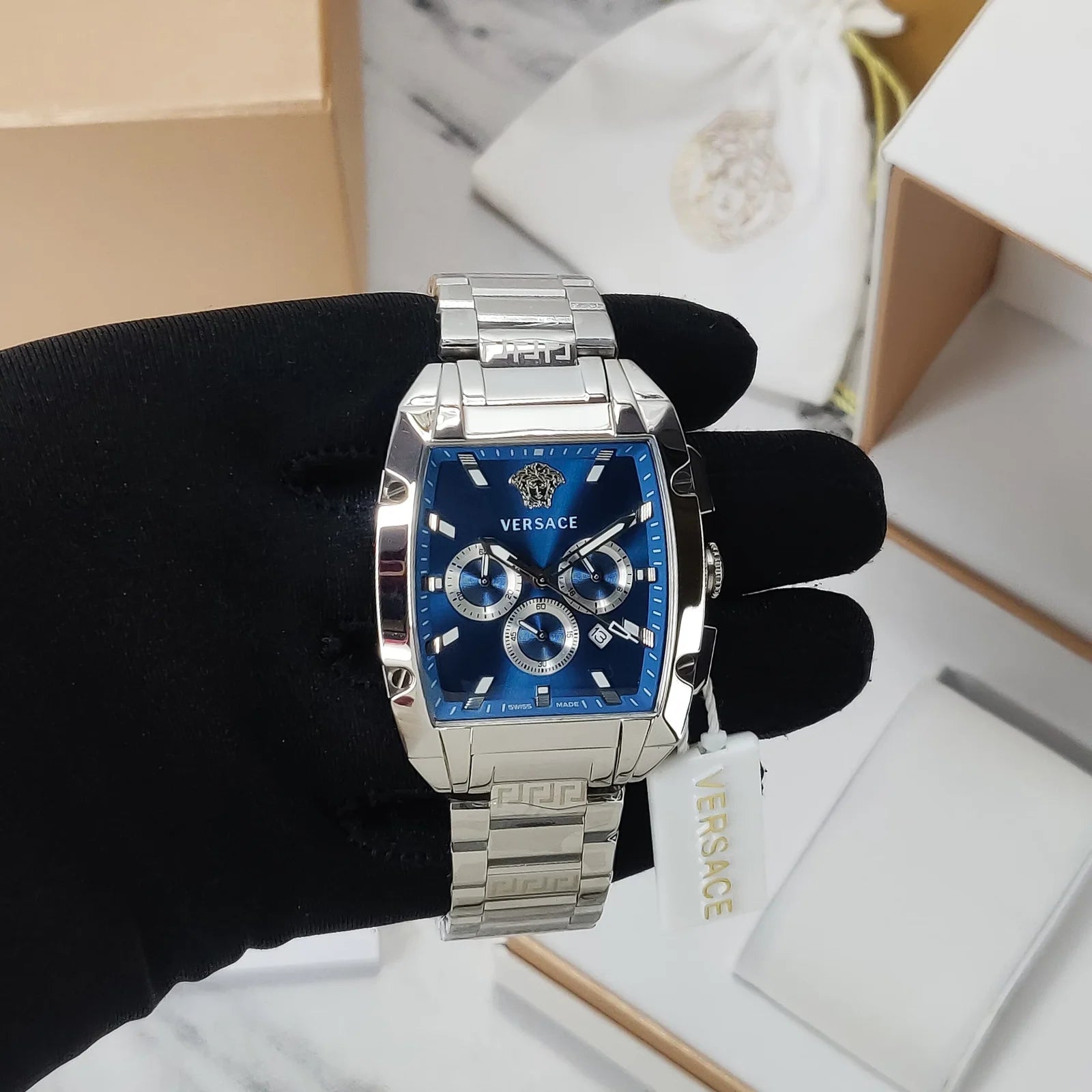  Shop Authentic Versace Dominus Chronograph Blue Dial Silver Steel Strap Watch For Men - VE6H00423 - Luxxuri