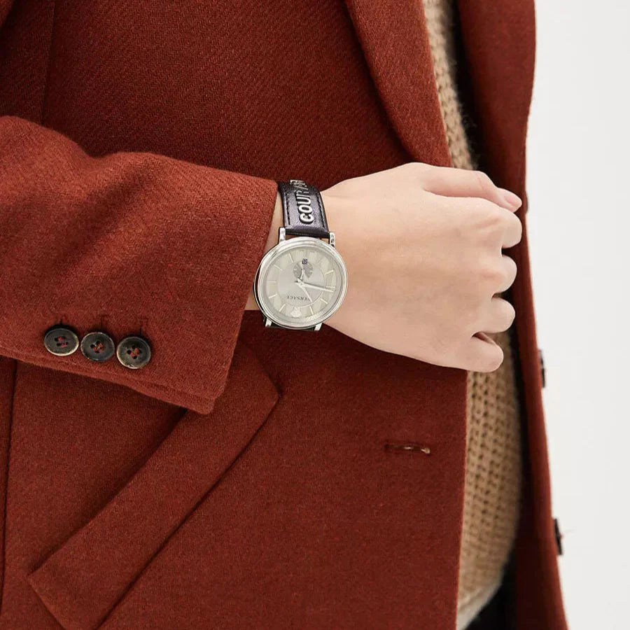  Shop Authentic Versace V-Circle Black Manifesto Courage Quartz Silver Dial Black Leather Strap Watch for Men - VBQ080017 - Luxxuri