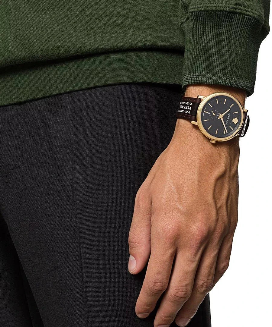  Shop Authentic Versace V-Circle Quartz Black Dial Brown Leather Strap Watch for Men - VEBQ01619 - Luxxuri