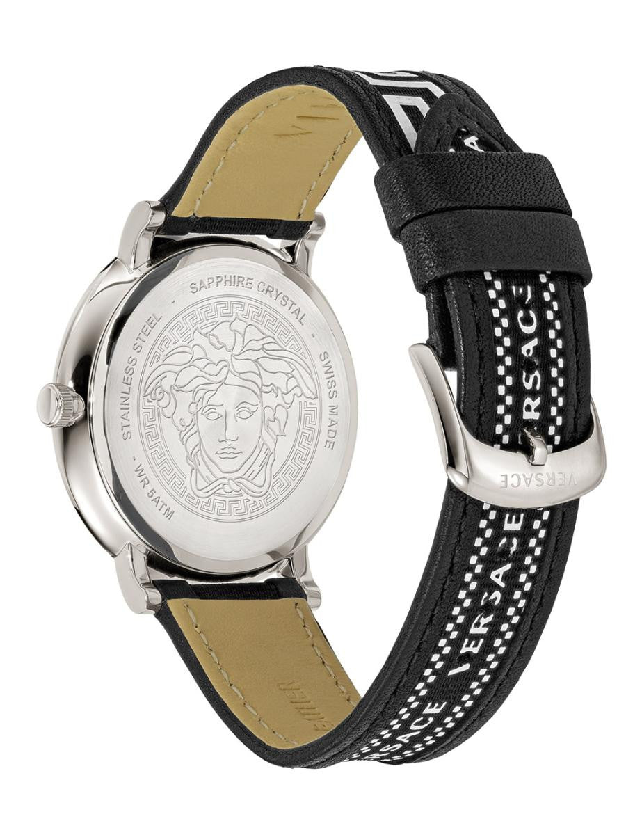  Shop Authentic Versace V-Circle Silver Dial Black Leather Strap Watch for Men - VEBQ01219 - Luxxuri