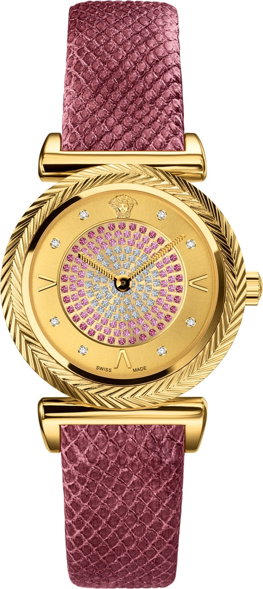  Shop Authentic Versace V-Motif Vintage Logo Diamonds Gold Dial Pink Leather Strap Watch for Women - VERE01118 - Luxxuri