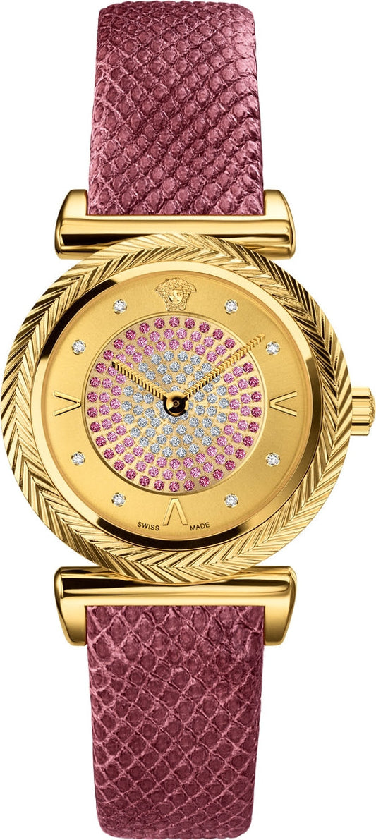 Shop Authentic Versace V-Motif Vintage Logo Diamonds Gold Dial Pink Leather Strap Watch for Women - VERE01118 - Luxxuri