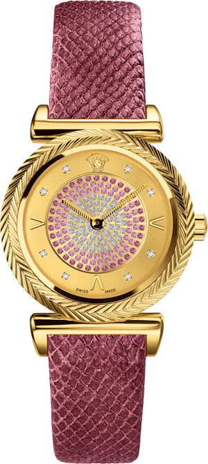  Shop Authentic Versace V-Motif Vintage Logo Diamonds Gold Dial Pink Leather Strap Watch for Women - VERE01118 - Luxxuri