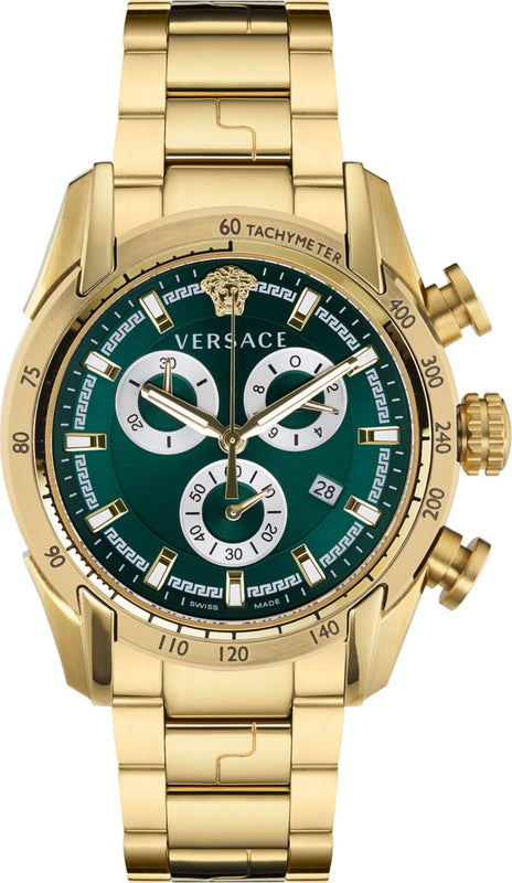  Shop Authentic Versace V-Ray Chronograph Quartz Green Dial Gold Steel Strap Watch For Men - VE2I00621 - Luxxuri