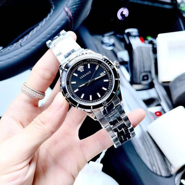  Shop Authentic Versace Hellenyium Quartz Black Dial Grey Steel Strap Watch For Men - VE3A00620 - Luxxuri