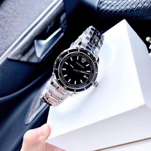  Shop Authentic Versace Hellenyium Quartz Black Dial Grey Steel Strap Watch For Men - VE3A00620 - Luxxuri