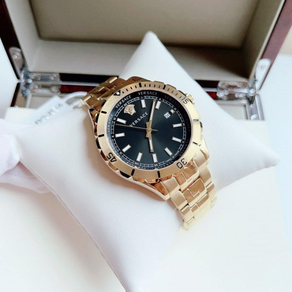  Shop Authentic Versace Hellenyium Quartz Black Dial Gold Steel Strap Watch For Men - VE3A00820 - Luxxuri