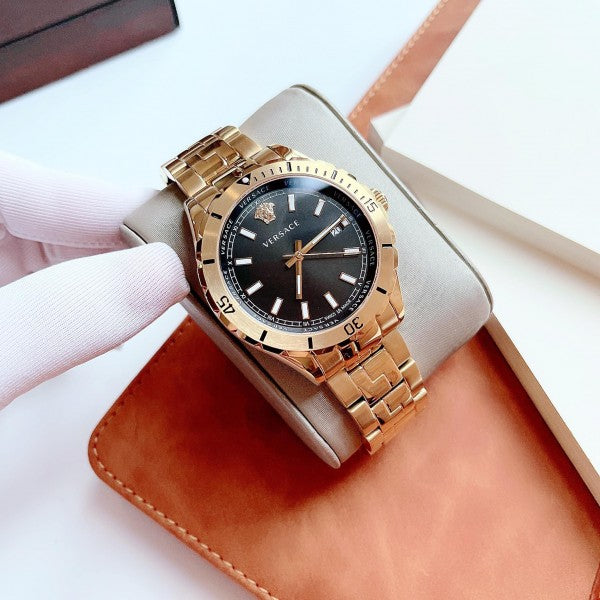  Shop Authentic Versace Hellenyium Quartz Black Dial Gold Steel Strap Watch For Men - VE3A00820 - Luxxuri