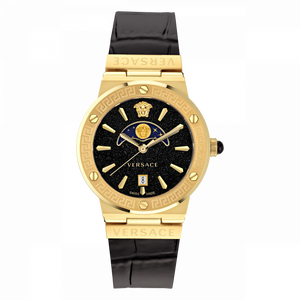  Shop Authentic Versace Greca Moonphase Analog Black Dial Black Leather Strap Watch For Men - VE7G00123 - Luxxuri