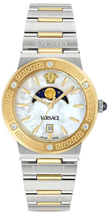  Shop Authentic Versace Greca Logo Moonphase Mother of Pearl Dial Two Tone Steel Strap Watch for Women - VE7G00524 - Luxxuri