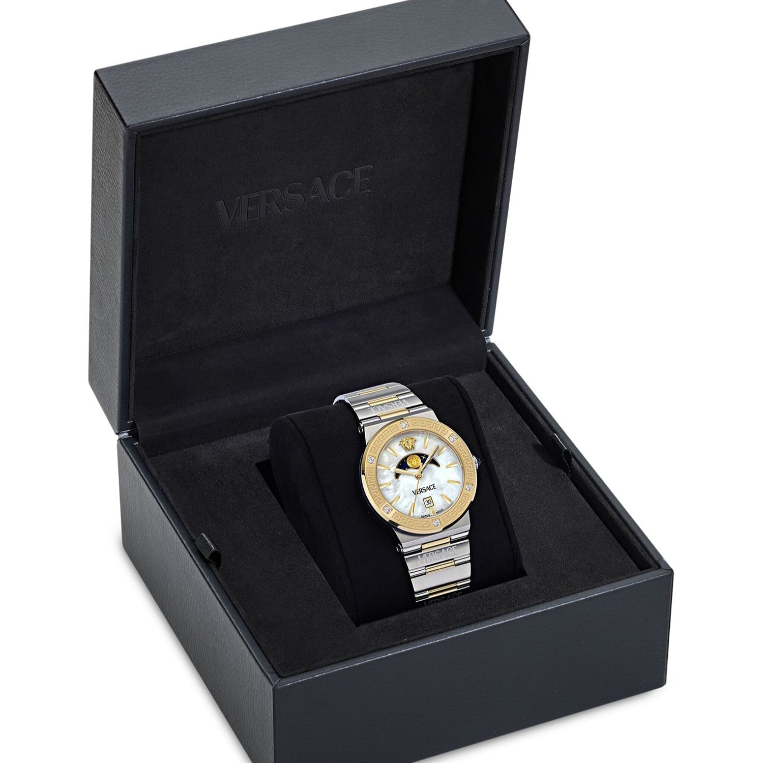  Shop Authentic Versace Greca Logo Moonphase Mother of Pearl Dial Two Tone Steel Strap Watch for Women - VE7G00524 - Luxxuri