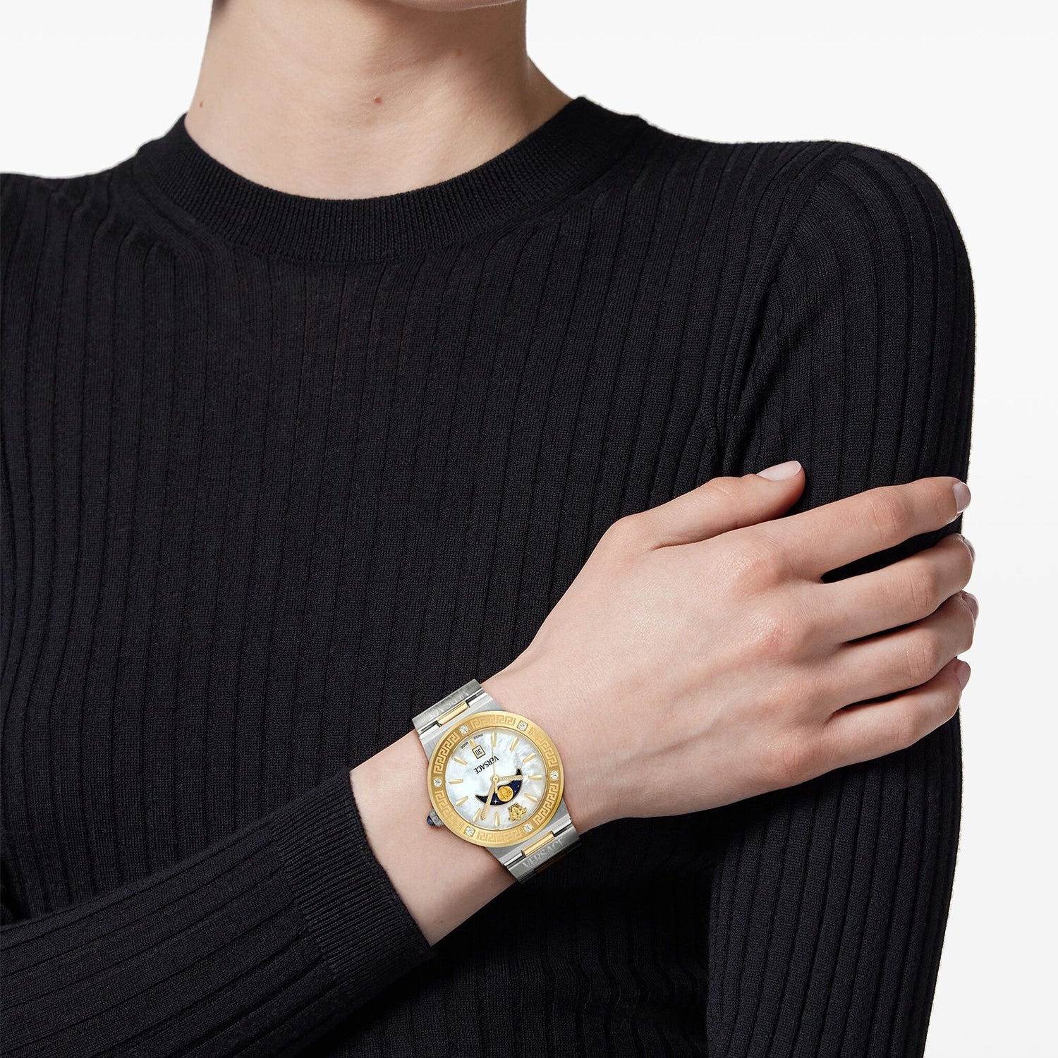  Shop Authentic Versace Greca Logo Moonphase Mother of Pearl Dial Two Tone Steel Strap Watch for Women - VE7G00524 - Luxxuri