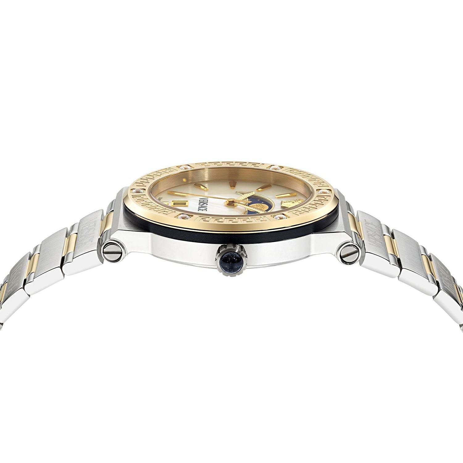  Shop Authentic Versace Greca Logo Moonphase Mother of Pearl Dial Two Tone Steel Strap Watch for Women - VE7G00524 - Luxxuri