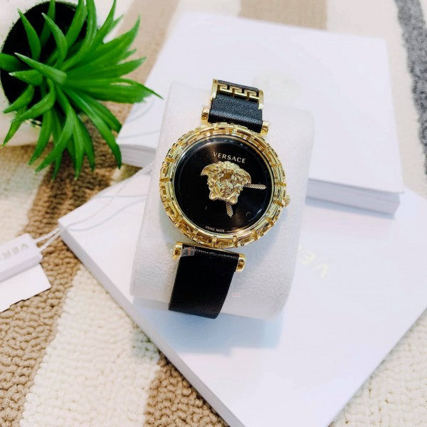  Shop Authentic Versace Palazzo Empire Greca Black Dial Black Leather Strap Watch for Women - VEDV00119 - Luxxuri