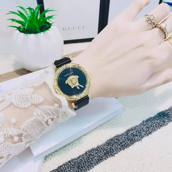  Shop Authentic Versace Palazzo Empire Greca Black Dial Black Leather Strap Watch for Women - VEDV00119 - Luxxuri
