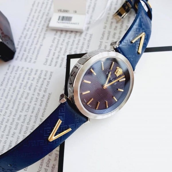  Shop Authentic Versace V-Twist Quartz Blue Dial Blue Leather Strap Watch for Women - VELS00119 - Luxxuri