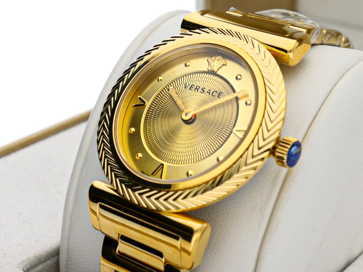  Shop Authentic Versace V-Motif Gold Dial Gold Steel Strap Watch for Women - VERE00618 - Luxxuri