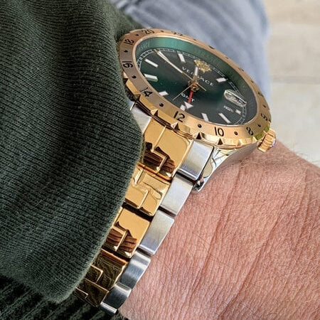  Shop Authentic Versace Hellenyium GMT Green Dial Two Tone Steel Strap Watch for Men - V11050015 - Luxxuri