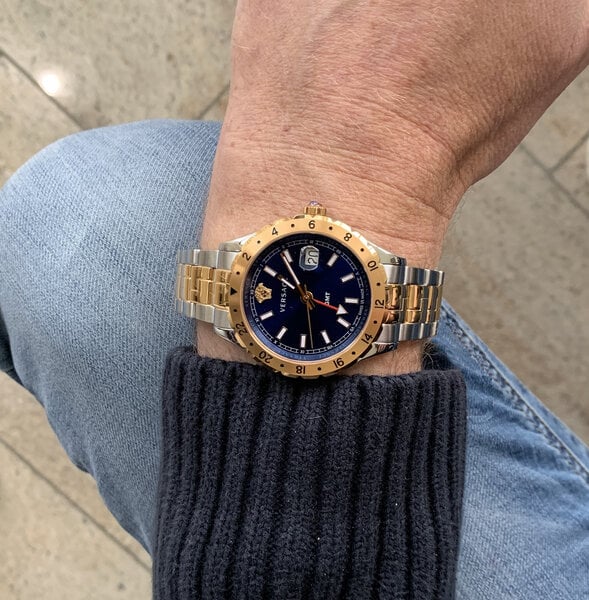  Shop Authentic Versace Hellenyium GMT Blue Dial Two Tone Steel Strap Watch for Men - V11060017 - Luxxuri
