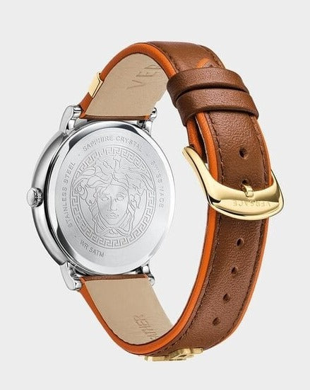  Shop Authentic Versace V Circle Quartz Silver Dial Brown Leather Strap Watch For Women - VBP04017 - Luxxuri