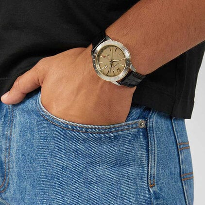 Versace Univers Beige Dial Black Leather Strap Watch for Men - VEBK00218