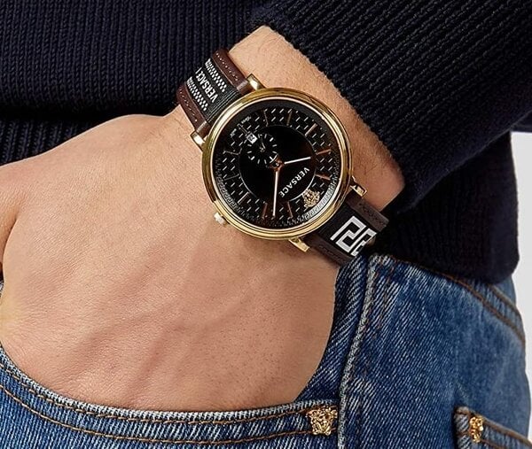  Shop Authentic Versace V-Circle Quartz Black Dial Brown Leather Strap Watch for Men - VEBQ01619 - Luxxuri